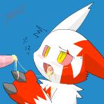 ambiguous_gender blue_background blush bodily_fluids cum cum_in_mouth cum_inside cum_string disembodied_penis duo erection genital_fluids genitals male oral penis simple_background solo_focus text topaz_(artist) nintendo pokemon generation_3_pokemon pokemon_(species) zangoose 1:1 japanese_text low_res translation_check translation_request