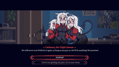 blush female gameplay_mechanics group hair nervous red_eyes text white_hair krekk0v helltaker cerberus_(helltaker) animal_humanoid canid canid_humanoid canine canine_humanoid demon demon_humanoid dog_humanoid humanoid mammal mammal_humanoid 16:9 2020 english_text hi_res widescreen