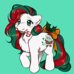 accessory bow_ribbon candy candy_cane candy_cane_in_mouth candy_in_mouth chest_tuft closed_smile cutie_mark dessert eyebrow_through_hair eyebrows eyelashes eyelashes_through_hair female female_feral feral food fur furgonomics green_eyes green_mane hair holidays holly_(plant) hooves light long_mane long_tail mane mouth_closed multicolored_mane no_pupils orange_bow plant pre-g4 quadruped raised_hoof red_mane red_tail ribbons simple_background smile solo standing tail tail_accessory tail_bow tail_ribbon teal_background thin_eyebrows translucent translucent_hair tuft two_tone_mane two_tone_tail wavy_mane white_body white_fur cabysoft christmas hasbro mlp_g1 my_little_pony merry_treat_(mlp) earth_pony equid equine horse mammal pony 1:1 2022 colored digital_drawing_(artwork) digital_media_(artwork) english_description hi_res lighting shaded