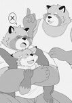 2024 absurd_res anthro blush canid canine clothing duo eyes_closed eyewear fox glasses group hi_res kemono male male/male mammal open_mouth overweight overweight_male raccoon_dog shirt sitting tanuki topwear yukumaru3