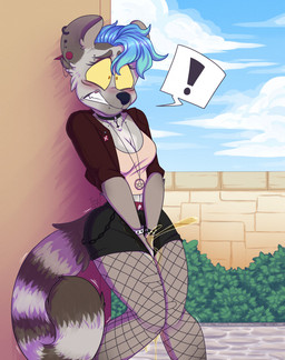 anthro blue_hair bodily_fluids clothing female genital_fluids hair outside peeing solo urine watersports wetting kinky_spy maria_(awesomeopossum99) lemur mammal primate strepsirrhine hi_res