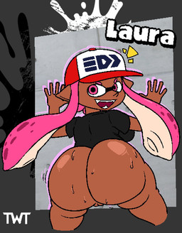 big_breasts big_butt black_clothing black_shirt black_topwear bodily_fluids breasts brown_body brown_ears brown_skin butt clothed clothed_female clothed_humanoid clothing eyebrows female female_humanoid genitals hair hat headgear headwear huge_butt humanoid_pointy_ears looking_back motion_lines not_furry open_mouth open_smile pantsless pink_eyebrows pink_eyes pink_hair pointy_ears pseudo_hair rear_view red_clothing red_hat red_headwear red_mouth sharp_teeth shirt shortstack shortstack_female smile solo sweat sweaty_butt teeth tentacle_hair tentacles thick_thighs topwear vulva thewastedtunnels nintendo splatoon laura_(splatoon) animal_humanoid aquatic aquatic_humanoid cephalopod cephalopod_humanoid humanoid inkling mollusk mollusk_humanoid 2026 colored digital_media_(artwork) flat_colors portrait signature three-quarter_portrait