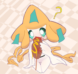 belly_eye checkered checkered_background corndog eating food front_view green_eyes holding_food holding_object ketchup messy_eater mustard pattern_background question_mark simple_background solo white_body yellow_body yirus9 nintendo pokemon generation_3_pokemon humanoid jirachi legendary_pokemon pokemon_(species) 2026 digital_drawing_(artwork) digital_media_(artwork) hi_res