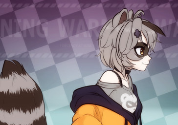accessory checkered checkered_background clothing collar eyebrows eyelashes facial_markings female grey_hair hair hair_accessory head_markings jacket light_body light_skin markings mask_(marking) pattern_background ring_(marking) ringed_tail shirt side_view simple_background smile solo striped_markings striped_tail stripes tail tail_markings text topwear scorpdk vtuber snuffy animal_humanoid humanoid mammal mammal_humanoid procyonid procyonid_humanoid raccoon_humanoid 2021 english_text