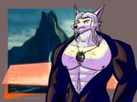 abs anthro barazoku body_hair clothed clothing facial_hair hair happy_trail male mature_male partially_clothed pecs solo white_furry white_hair avi_the_tiger forestpunktiger the_witcher geralt_of_rivia canid canine canis mammal wolf 4:3