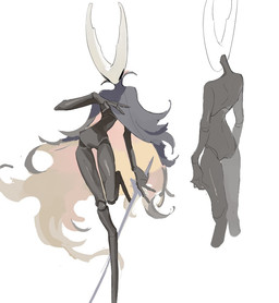 2_horns ambiguous_gender anthro black_body cloak cloak_only clothing featureless_crotch front_view hand_on_chest holding_melee_weapon holding_object holding_sword holding_weapon hollow_eyes horn humanoid_hands long_legs melee_weapon one_leg_up pose raised_leg rear_view simple_background solo sword weapon white_background white_face milktea25424633 hollow_knight_(franchise) team_cherry hollow_knight_(character) pure_vessel_(hollow_knight) arthropod vessel_(species) 2025 chinese_description digital_drawing_(artwork) digital_media_(artwork)