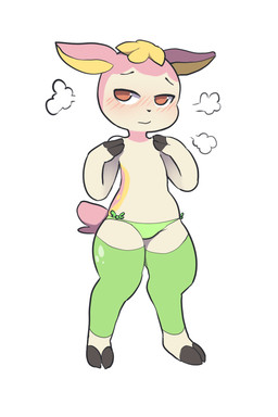 ambiguous_gender biped blush blush_lines clothing cloven_hooves flower flower_(anatomy) flower_on_head flustered footwear green_clothing green_leg_warmers green_legwear green_underwear hooves leg_warmers legwear multicolored_body panties pink_body pink_tail plant red_eyes semi-anthro simple_background solo standing tail tan_body underwear white_background white_sclera yellow_body yellow_flower itsunknownanon nintendo pokemon deerling generation_5_pokemon pokemon_(species) spring_deerling 2016 2:3 hi_res