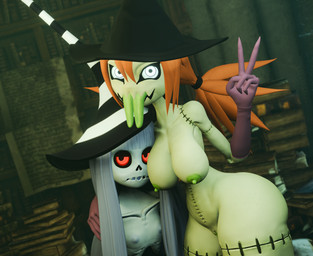 annoyed big_breasts big_butt bone breast_envy breast_size_difference breasts butt clothing doll duo face_in_breasts female female/female flat_chested forked_tongue genitals gesture gloves green_body hair hand_gesture hand_on_shoulder handwear hat headgear headwear long_hair looking_at_viewer mostly_nude nipples orange_hair pigtails red_eyes rib_cage seam_(sewing) side_hug skeleton smug tongue tongue_out v_sign vulva white_body white_eyes white_hair wide_hips witch_costume witch_hat lorded sumsnermin_(modeler) karaka_(merafume) kidunadoll animate_inanimate animated_skeleton humanoid living_doll undead 3d_(artwork) digital_media_(artwork) hi_res