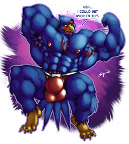 3_toes abs abstract_background anthro areola armpit_hair avian_feet balls_outline barazoku beak biceps big_bulge big_muscles big_pecs biped black_eyebrows blue_body blue_feathers body_hair bulge calf_muscles chest_tuft claws clothed clothed_anthro clothed_male clothing detailed_bulge eyebrows feathers feet fingers flexing flexing_bicep forearm_muscles front_view genital_outline hand_behind_head huge_bulge huge_muscles latissimus_dorsi looking_at_self male male_anthro manly multicolored_body multicolored_feathers muscular muscular_anthro muscular_arms muscular_male muscular_thighs nipples non-mammal_nipples open_mouth open_smile outline pecs penis_outline pubes purple_background purple_outline quads raised_eyebrow red_areola red_body red_clothing red_feathers red_nipples red_underwear serratus simple_background smile solo tail tail_feathers talking_to_self text toe_claws toes topless topless_anthro topless_male triceps tuft two_tone_body two_tone_feathers underwear underwear_only white_background yellow_beak yellow_feet ivore a_fox_in_space nintendo star_fox falco_lombardi avian bird 2026 digital_media_(artwork) english_text full-length_portrait hi_res portrait shaded signature