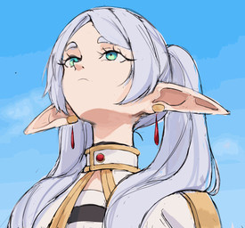 clothing ear_piercing eyebrows eyelashes female green_eyes hair humanoid_pointy_ears light_body light_skin looking_up not_furry piercing pointy_ears sky solo twintails_(hairstyle) white_hair rgsp00n frieren_beyond_journey's_end frieren_looking_up frieren elf humanoid 2025 animated bust_portrait hi_res meme portrait
