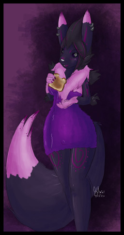 alternate_color anthro black_body black_border black_fur black_hair black_sclera border bread chest_tuft clothing female fluffy food fur grey_eyes hair looking_at_viewer markings pink_body pink_fur purple_background purple_body purple_clothing purple_fur purple_hair purple_markings purple_sclera simple_background solo tail toast towel towel_only tuft zombieaddict bandai_namco digimon fan_character fuzzball_(fuzzballfox) renakitty_fuzzball_(fuzzballfox) canid canine digimon_(species) domestic_cat felid feline felis hybrid mammal renamon hi_res