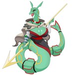 absurd_res anthro apode armwear big_breasts breasts cape clothing collar draconcopode dress female generation_3_pokemon green_body hi_res huge_breasts legendary_pokemon legless lorekeeper_zinnia melee_weapon nintendo pokeball pokemon pokemon_(species) polearm pupils rayquaza serpentine simple_background solo spear tail urusee584 weapon white_background yellow_eyes