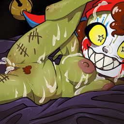 areola biped bodily_fluids body_writing breasts butt clothing clown cum cum_covered cum_from_vagina cum_in_vagina cum_inside female fool's_hat freckled_arms freckled_butt freckled_hips freckled_shoulders freckles genital_fluids genitals green_body hat headgear headwear jester leaking_cum messy nipples not_furry pubes raised_leg sharp_teeth shortstack tally_marks teeth thick_thighs vulva western_tally_marks yellow_eyes bonnytoad goblin humanoid 1:1 absurd_res hi_res