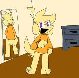 ambiguous_gender anthro clothing drawer fur looking_at_mirror looking_at_object mirror orange_clothing orange_sweater orange_topwear purple_eyes smile solo standing sweater topwear yellow_body yellow_fur dastarman canid canine mammal colored digital_media_(artwork) hi_res