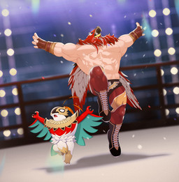 abs big_muscles boots chest_tuft clothed clothing duo feathers fighting_ring fingerless_gloves floodlight footwear for_a_head gloves green_body green_feathers green_wings handwear luchador male muscular muscular_male pecs pose raised_arm red_body red_feathers shadow shoes topless tuft victory_pose white_body white_feathers winged_arms wings wrestler wrestling_outfit yaka_(artist) fatal_fury garou:_mark_of_the_wolves nintendo pokemon pokemon_legends_z-a snk tizoc animal_head animal_humanoid avian avian_humanoid generation_9_pokemon human humanoid mammal mega_evolution mega_hawlucha pokemon_(species)