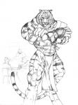 abs anthro armor biceps biped bottomwear claws clothing crossed_arms fur loincloth male markings muscular muscular_anthro muscular_male pecs pose solo standing stripes warrior rwolf felid mammal pantherine tiger monochrome sketch