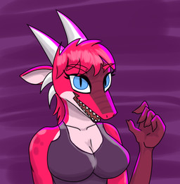 2_horns anthro big_breasts black_clothing black_shirt black_tank_top black_topwear blue_eyes breasts clothing female horn magenta_body magenta_hair nails non-mammal_breasts sharp_teeth shirt solo tank_top teeth topwear mythology dragon mythological_creature mythological_scalie scalie