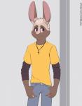 5_fingers adolescent anthro bottomwear brown_body brown_fur clothing cross cross_necklace fingers fur jewelry male necklace pants purple_eyes shirt solo text topwear whiskers young shiuk patreon martin_bell lagomorph leporid mammal rabbit absurd_res english_text hi_res url