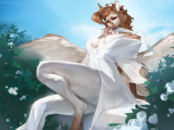 anthro beak biped breasts clothed clothed_anthro clothed_female clothing dress female fingers front_view hair looking_at_viewer medium_breasts non-mammal_breasts outside piercing pose sitting solo tail wings mcrepsi avian 2026 digital_drawing_(artwork) digital_media_(artwork) hi_res pinup