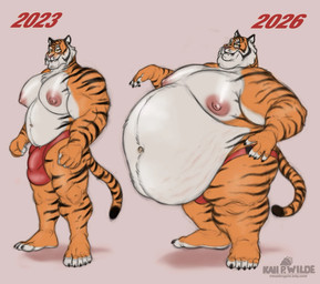 anthro areola belly big_belly big_moobs bulge claws clothed clothing detailed_bulge fangs fur hanging_belly huge_belly male markings moobs morbidly_obese morbidly_obese_anthro morbidly_obese_male mouth_closed navel nipples notched_ear obese obese_anthro obese_male overweight overweight_anthro overweight_male red_clothing red_thong red_underwear slightly_chubby slightly_chubby_anthro slightly_chubby_male smile solo standing stretch_marks striped_body striped_fur striped_markings striped_tail stripes tail tail_markings teeth thick_thighs thong thong_only topless underwear underwear_only weight_gain whiskers wide_hips husky2paws epic_games fortnite oscar_(fortnite) felid mammal pantherine tiger 2026 hi_res signature