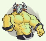 abs anthro armband armor belt_buckle biceps buckle hair headgear helmet horn horned_helmet male male_anthro muscular muscular_anthro muscular_male orange_hair pecs shirtless_anthro shirtless_male triceps yellow_body zekrenard bandai_namco digimon mythology digimon_(species) dragon mythological_creature mythological_scalie scalie wargreymon 2022 hi_res