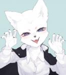 anthro bust_portrait canid canine cape clothed clothing dress_shirt fangs female fox fully_clothed fur gosannana mammal open_mouth portrait shirt smile solo teeth tongue tongue_out topwear white_body white_fur
