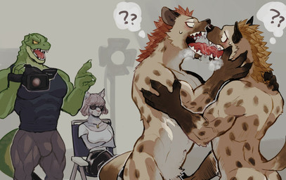 4_fingers anthro barely_visible_genitalia barely_visible_penis being_watched biped blush bodily_fluids bulge butt camera confusion face_grab female female_anthro fingers french_kissing fur gay_for_pay genitals green_body green_scales group kissing looking_at_another male male/male male_anthro markings muscular muscular_male orientation_play penis penis_base penis_grab porn_studio prostitution question_mark recording saliva scales spots spotted_body spotted_fur straight_to_gay studio teeth k0bit0wani fistful_of_yen crocodile crocodilian felid hyena mammal reptile scalie spotted_hyena hi_res