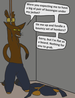 anthro arms_above_head brown_body clothed clothing cuff_(restraint) dungeon female flat_chested restraints solo tail tail_hand taunting text topless topless_female unusual_anatomy unusual_tail wrist_cuffs yellow_eyes trinitite tory_(trinitite) ahuizotl english_text