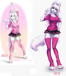anthro breasts cleavage clothed clothing comparison female legwear looking_at_viewer open_mouth smile solo standing thigh_highs llirika felid mammal