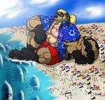 abs anchor anthro balls_outline beach biceps big_bulge big_feet big_muscles black_markings blonde_hair blue_clothing blue_eyes blue_shirt blue_topwear bottomwear brown_body brown_fur bulge clothed clothing cloud detailed_bulge eyebrows feet floral_pattern floral_shirt fur genital_outline gentle_giant gloves_(marking) group hair jewelry leg_markings looking_away macro male markings muscular muscular_anthro muscular_male necklace paws pecs ponytail red_bottomwear red_clothing red_shorts sea seaside shirt shorts sitting sky socks_(marking) solo_focus striped_markings striped_tail stripes tail tail_markings topwear water juano mammal procyonid raccoon 2008