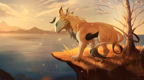 ambiguous_gender black_body black_fur day detailed_background digitigrade feral fluffy fur grass green_eyes horn outside plant ridged_horn sharp_horn sky solo spiral_horn standing sun tan_body tan_fur tree water hioshiru mammal unknown_species 2014
