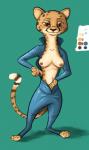 anthro breasts brown_eyes brown_spots clothed clothing facial_markings female fur green_background head_markings looking_at_viewer markings navel nipples partially_clothed police police_uniform simple_background solo spots standing uniform yellow_body yellow_fur tggeko disney zootopia kii_catano cheetah felid feline mammal