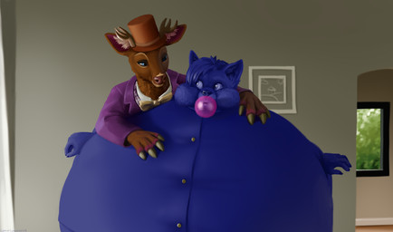 anthro antlers blowing_bubble_gum blue_body blue_fur blue_hair blueberry_inflation body_inflation bow_tie brown_body brown_fur bubble_gum clothed clothing duo eye_contact fingers fur grabbing_from_behind hair hand_on_shoulder hat headgear headwear hooved_fingers hooves horn inflation inside looking_aside looking_at_another male puffed_cheeks smile smirk spherical_inflation standing top_hat lemurlemurovich willy_wonka canid canine canis deer mammal wolf 2022
