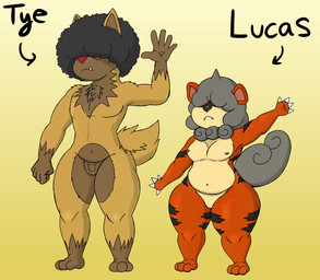 3_toes 5_fingers afro anthro biped black_hair black_nose brown_body brown_fur chest_tuft crotch_tuft directional_arrow duo fangs featureless_crotch feet fingers fur fur_tuft grey_body grey_fur grey_hair grey_tail hair hair_over_eyes male mouth_closed multicolored_body multicolored_fur navel nipples nude_anthro nude_male orange_body orange_fur pecs red_nose snaggle_tooth standing tail tan_body tan_fur teeth thick_thighs toes tuft wide_hips hyenakenisis nintendo pokemon lucas_(hyenakenisis) ty_kenisis generation_3_pokemon generation_8_pokemon hisuian_form hisuian_growlithe pokemon_(species) poochyena regional_form_(pokemon) hi_res