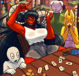 anthro bangs big_breasts big_ears black_hair bottomwear breasts camping card card_game claws clothing denim denim_bottomwear denim_clothing excited female forest forest_background fur furniture gaming glowing glowing_eyes group gynomorph hair high_waisted_bottomwear horn intersex jeans long_hair male nature nature_background open_mouth open_smile pants pink_body pink_skin plant playing playing_card red_body red_fur shirt shorts sitting smile snack surprised table tank_top topwear tree white_body white_skin yellow_body yellow_eyes yellow_fur umbraunderscore lili_(umbraunderscore) canid canine demon domestic_pig felid fox human humanoid leopard mammal pantherine succubus suid suine sus_(pig) absurd_res hi_res