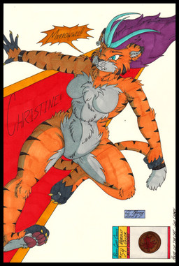 4_toes 5_fingers abs anthro athletic athletic_anthro athletic_female black_border blue_eyes boarder border breasts claws clock digit_ring facial_tuft featureless_breasts featureless_crotch feet female fingers fur fur_tuft grey_body grey_fur hair jewelry markings multicolored_body multicolored_fur navel nude orange_body orange_fur pawpads paws piercing purple_hair ring simple_background solo tail teeth teeth_showing text toe_claws toe_ring toes toned_belly toned_body toned_female toned_muscles toned_thighs tuft watch white_sclera wristwatch cougar_leon christine_hawkins_(cougar_leon) felid feline humanoid mammal pantherine tiger werecat werecreature werefelid werefeline werepantherine weretiger 2025 english_text hi_res signature traditional_media_(artwork)