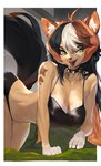 all_fours anthro black_hair bra breasts brown_body brown_fur brown_hair clothing collar female fluffy fluffy_tail fur green_eyes hair multicolored_hair open_mouth panties solo tail tongue tongue_out underwear white_hair woobin94 mammal hi_res