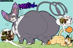 2024 angry anthro bedroom_eyes big_butt blue_background butt curled_tail dialogue duo english_text fangs female feral fur generation_1_pokemon generation_4_pokemon gradient_background grass grey_body grey_fur hi_res huge_butt huge_hips larger_female lidded_eyes looking_at_another looking_back looking_back_at_another lying male meow meowth narrowed_eyes nintendo on_front on_ground open_mouth overweight overweight_female overweight_feral plant pokemon pokemon_(species) profanity purple_ears purugly quadruped seductive signature simple_background size_difference slightly_chubby speech_bubble standing sushiamazing tail talking_to_another tan_body tan_fur teeth text thick_thighs whiskers white_body white_fur wide_eyed wide_hips