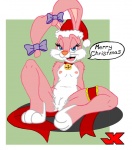 anthro breasts buckteeth christmas_clothing christmas_headwear clothing female genitals hat headgear headwear holidays nipples pussy ribbons santa_hat small_breasts solo spread_legs spreading teeth text jk christmas tiny_toon_adventures warner_brothers babs_bunny lagomorph leporid mammal rabbit english_text