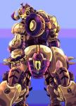 bodily_fluids female genital_fluids genitals hand_on_butt horn machine not_furry presenting pussy simple_background solo spreading vaginal_fluids artsyrobo blizzard_entertainment overwatch orisa_(overwatch) omnic robot taur 2017 digital_media_(artwork) hi_res