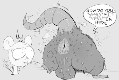 anthro anus backsack balls biped bodily_fluids duo genitals male rodent_tail size_difference stuck surprised sweat text iamapoliceman mammal mouse murid murine rat rodent 2026 english_text monochrome