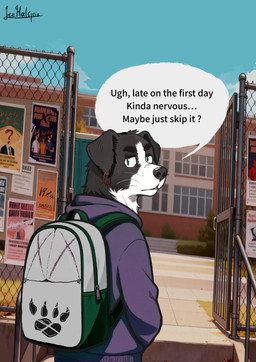 anthro backpack biped black_body black_fur chain-link_fence clothing detailed_background dialogue ear_piercing fence flyer_(pamphlet) fur gate hoodie male male_anthro modern_architecture outside pamphlet piercing poster school solo speech_bubble text topwear lee_halstein border_collie canid canine canis collie domestic_dog herding_dog mammal pastoral_dog sheepdog absurd_res comic english_description english_text hi_res signature