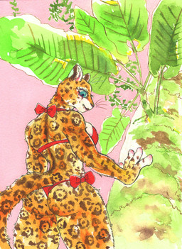 anthro big_breasts bikini biped blue_eyes breasts butt clothed clothing female fingers fur leaf looking_at_viewer looking_back markings outside palm_tree plant pose rear_view ribbons simple_background skimpy smile solo spots spotted_body spotted_fur standing swimwear tail tree two-piece_swimsuit underwear kyokyota felid feline leopard mammal pantherine 2021 absurd_res hi_res painting_(artwork) traditional_media_(artwork) watercolor_(artwork)