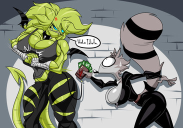 angry anthro big_breasts big_butt big_eye big_eyes black_bodysuit black_clothing black_latex black_skinsuit bodily_fluids bodysuit boots bottomwear breasts brick brick_wall butt clothed clothing collar cross-popping_vein currency_symbol dollar_sign duo fangs female female_anthro femme_fatale footwear fur high_heeled_boots high_heels huge_breasts large_hair larger_female latex latex_bodysuit latex_clothing latex_skinsuit markings money money_sign monster_girl_(genre) muscular muscular_female nervous nervous_look nervous_sweat pants pouch_(clothing) raccoon_tail ring ring_(marking) ringed_tail sharp_teeth shirt shocked shoes simple_background size_difference skinsuit small_wings solo spade_tail spiked_collar spikes striped_markings striped_tail stripes sweat symbol tail tail_markings teeth thief tight_clothing topwear wall_(structure) wallet wings therizkpiecraft uva_the_raccoon demon humanoid mammal monster procyonid raccoon absurd_res hi_res