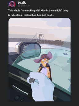 anthro cape car car_interior cigarette clothing duo first_person_view fur green_eyes hat headgear headwear inside_car inside_vehicle looking_at_viewer male motor_vehicle orange_body orange_fur outside red_eyes smile smirk smoking snow social_media standing text unimpressed vehicle white_body white_fur window winter vistrou dreamworks no_smoking_with_kids puss_in_boots_(franchise) twitter death_(puss_in_boots) puss_in_boots_(dreamworks) canid canine canis domestic_cat felid feline felis mammal wolf 3:4 english_text hi_res