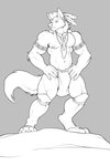 5_fingers anthro biceps bottomwear clothing ear_piercing ear_ring eyebrows feathers fingers fur grey_background hair hands_on_hips loincloth male mohawk navel nipple_piercing nipples piercing ring_piercing simple_background solo standing vexedlupine smokepaw canid canine canis mammal wolf 2:3 absurd_res digital_media_(artwork) hi_res line_art monochrome