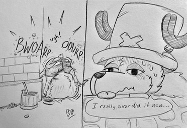 abdominal_bulge alley anthro antlers belly big_belly bloated bodily_fluids bottomwear bucket burping butt clothing container corner hat headgear headwear hooves horn huge_belly inflation lidded_eyes lying male on_front overeating pants presenting presenting_hindquarters quivering_lips rear_view shorts solo sound_effects stone_floor stuffing sweat sweatdrop tail tongue tongue_out top_hat torn_bottomwear torn_clothing torn_pants torn_shorts trash tuft tufted_fur weight_gain wobbling blubberbuck one_piece tony_tony_chopper tony_tony_chopper_(walk_point_form) deer mammal new_world_deer reindeer 2025 hi_res monochrome sequence traditional_media_(artwork)