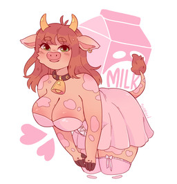 2_horns anthro bangs bell bell_collar big_breasts big_butt black_collar black_fingers blush blush_lines body_blush breast_blush breasts brown_hair brown_tail_tuft butt cheek_tuft cleavage clothed clothed_anthro clothed_female clothing collar container dress ear_piercing ear_ring eyebrow_through_hair eyebrows facial_tuft female female_anthro fingers fur green_eyes hair happy heart_symbol hooved_fingers hooves horn leaning leaning_forward legwear light long_hair looking_at_viewer markings milk_carton milk_container multicolored_body multicolored_fur piercing pink_clothing pink_dress pink_legwear pink_markings pink_snout pink_thigh_highs ring_piercing simple_background smile smiling_at_viewer solo standing tail tail_markings tail_tuft tan_body tan_fur tan_horn tan_tail text thick_thighs thigh_highs translucent translucent_hair tuft two_tone_body two_tone_fur white_background wide_hips suzeart cow_(suzeart) bovid bovine cattle mammal 2024 artist_name colored digital_drawing_(artwork) digital_media_(artwork) english_description english_text hi_res lighting portrait shaded three-quarter_portrait