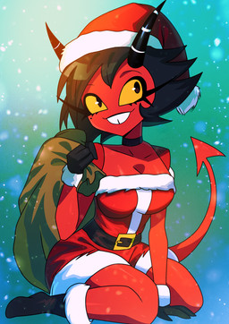 biped breasts christmas_clothing clothed clothed_female clothed_humanoid clothing female female_humanoid gift_bag holidays medium_breasts pose simple_background sitting smile solo teeth_showing three-quarter_view wariza yellow_eyes kato777 christmas hellaverse helluva_boss millie_(helluva_boss) humanoid imp absurd_res digital_drawing_(artwork) digital_media_(artwork) full-length_portrait hi_res pinup portrait shaded simple_shading