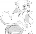 anthro black_and_white blush bottomwear bovid bovine breasts cattle clothed clothing cowbell cutoffs daisy_dukes denim denim_bottomwear denim_clothing digital_media_(artwork) female fur hair horn hotpants jeans kikurage long_tail looking_at_viewer mammal monochrome open_mouth pants raised_tail shirt short_hair shorts side_boob simple_background skimpy smile solo tail tail_tuft tank_top topwear tuft ushi white_background